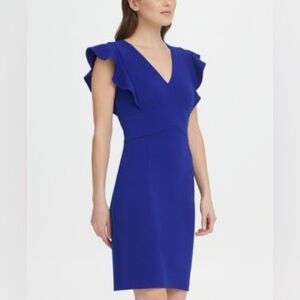 DKNY V-Neck Ruffle Cap Sleeve Sheath Dress, Size 2
